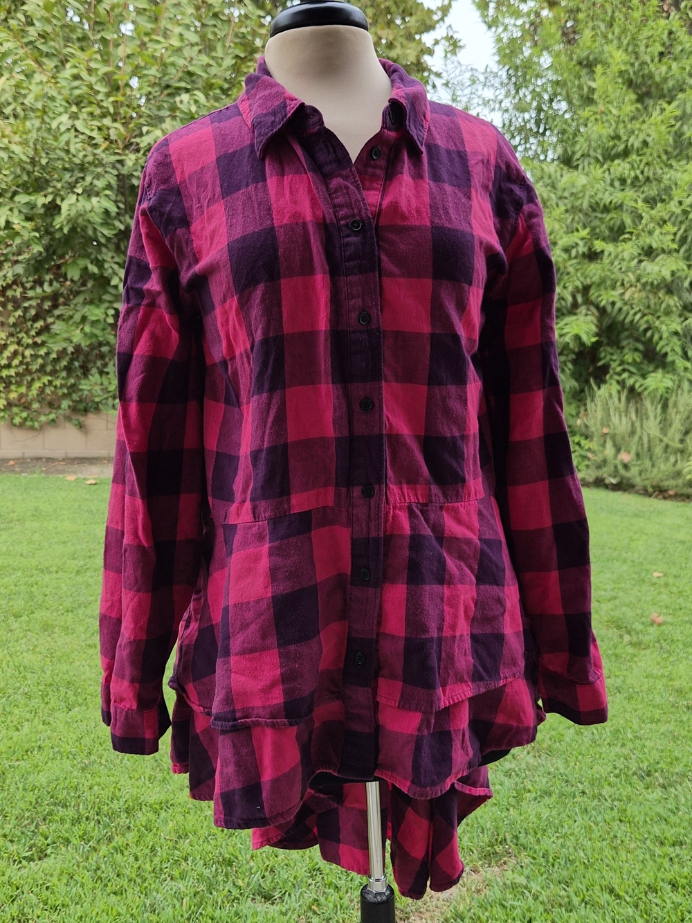 Lane Bryant Red Burgundy Plaid High-Low Peplum Tunic Blouse #0501
